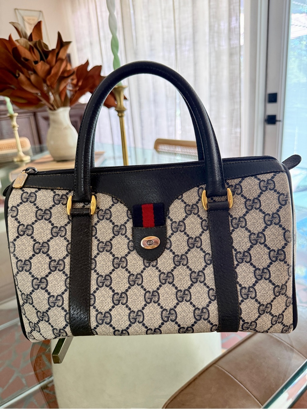 Vintage Gucci GG Accessory Collection Boston Blue Canvas Bag
